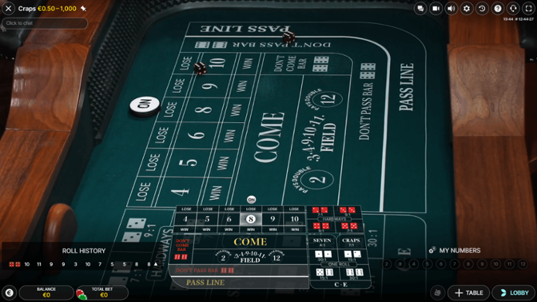 Live craps game screenshot